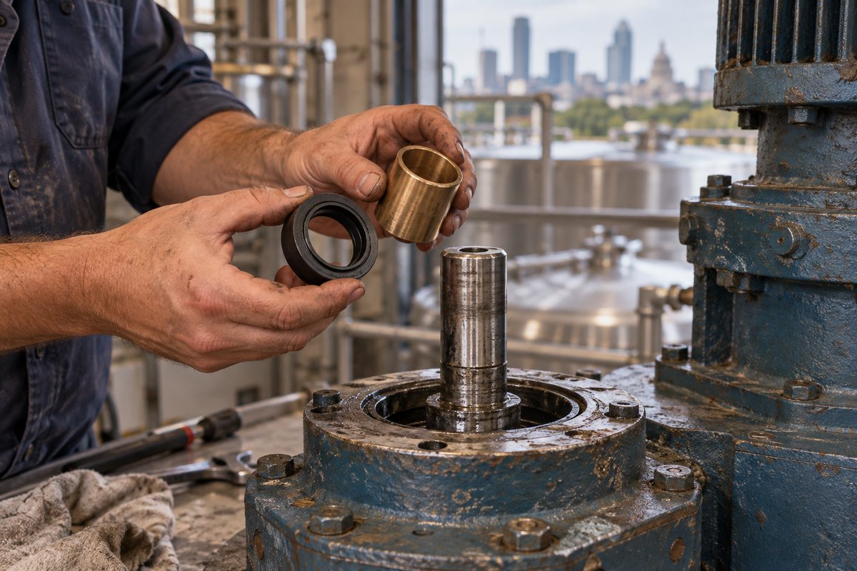 Hands holding an agitator seal and bushing above a gearbox shaft