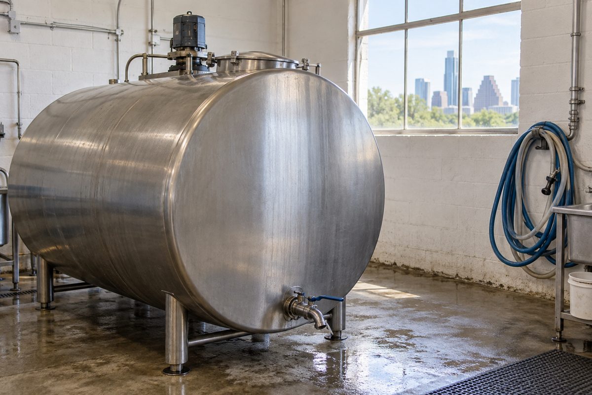 Stainless bulk milk tank in a clean tank room