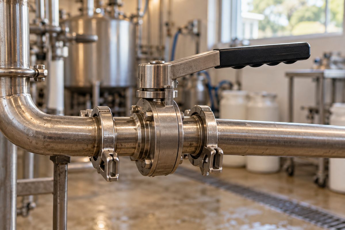 Stainless butterfly valve with trigger handle on a milk line