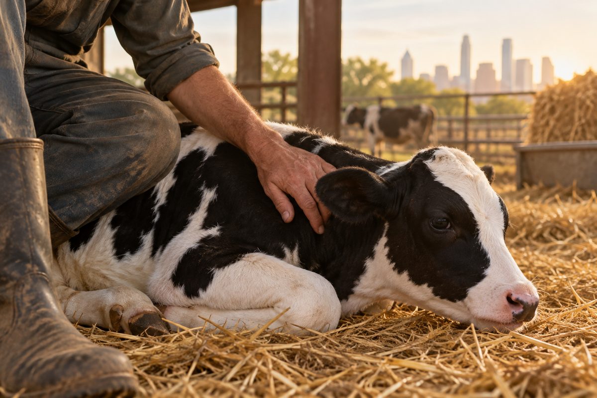 A handler's hand resting on a calm calf in clean straw