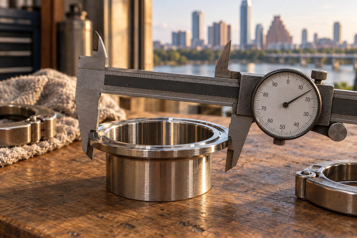Calipers reading across the flange of a stainless tri-clamp ferrule
