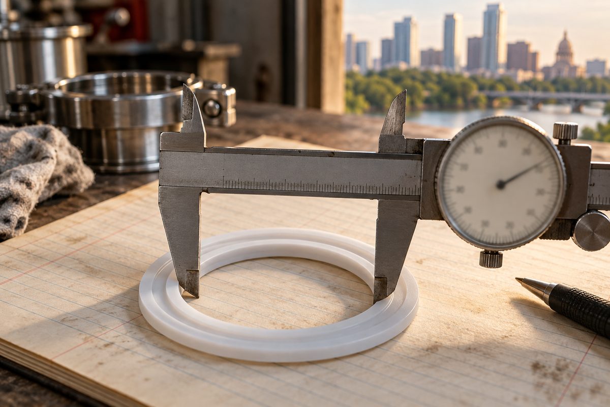 Calipers measuring the inside diameter of a tri-clamp gasket