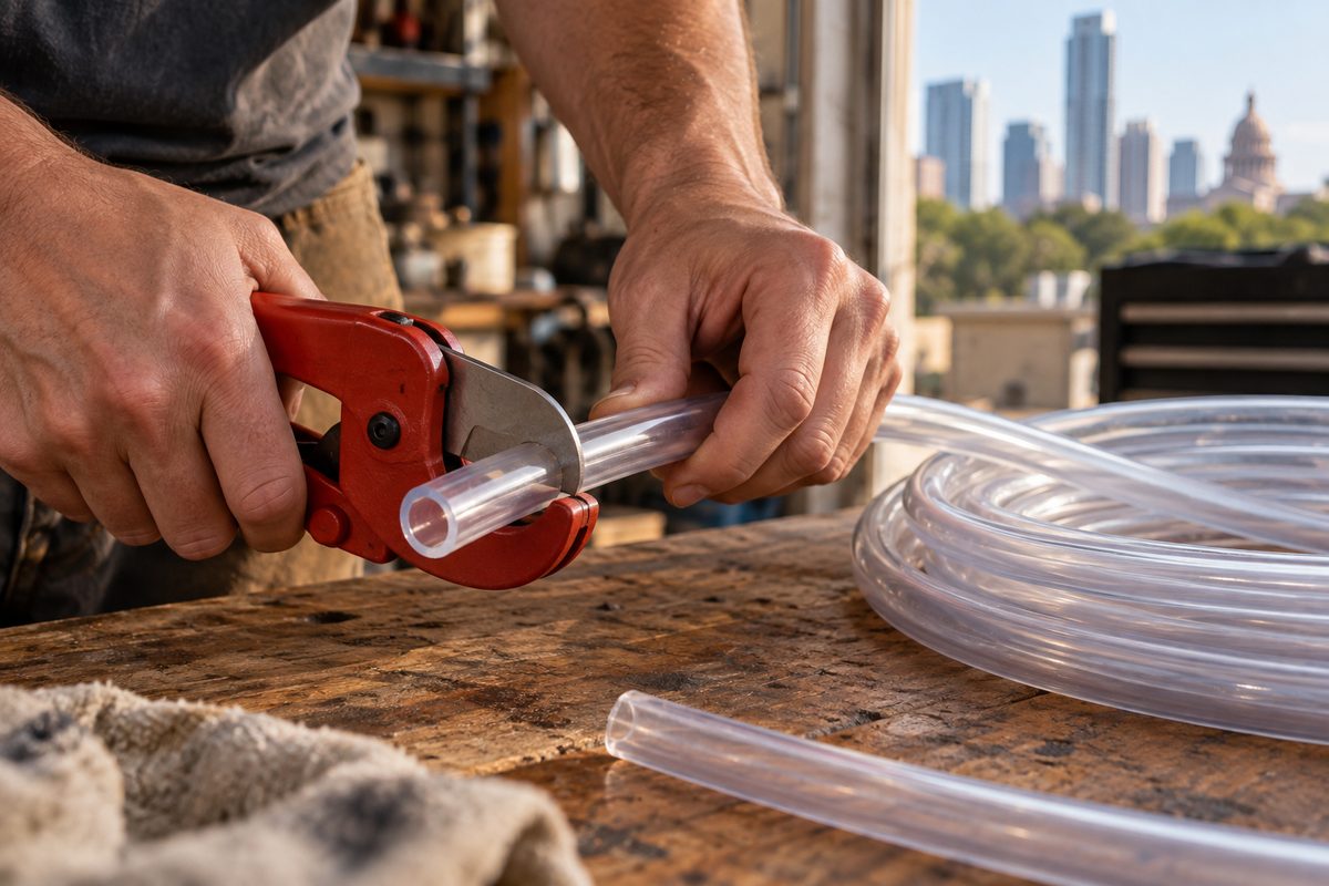 Hands cutting clear milk tubing from a coil