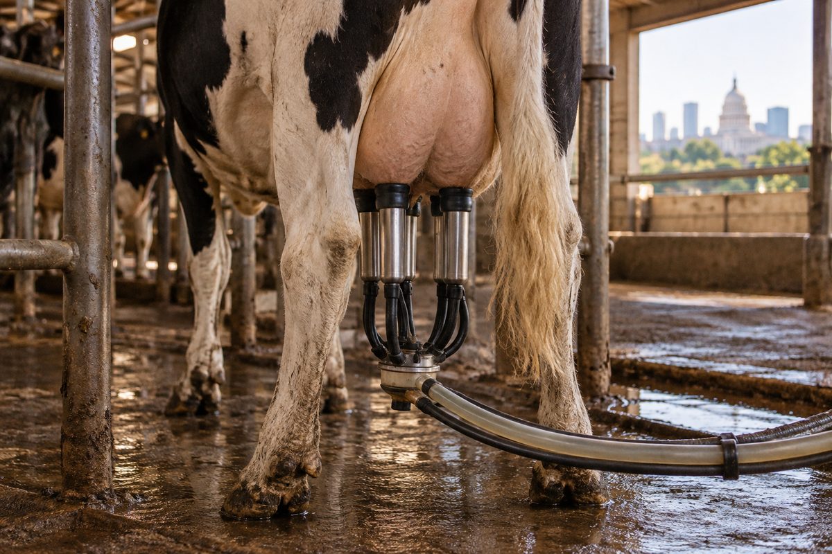 Milking cluster hanging straight under a calm cow mid-milking