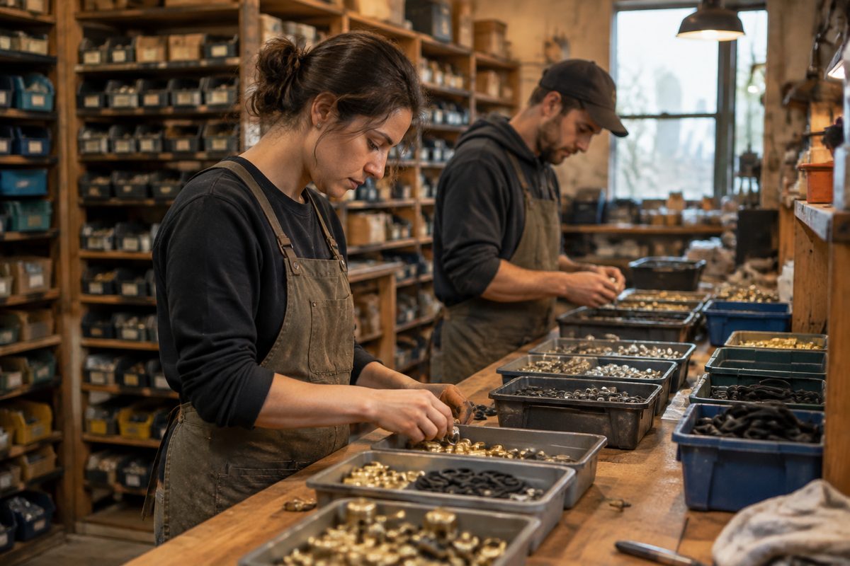 Two parts desk staff sorting fittings into trays