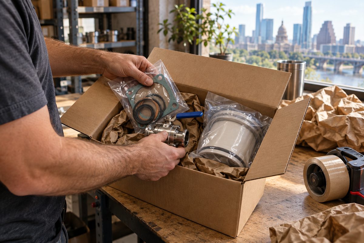 Hands packing a small order of dairy parts into a box