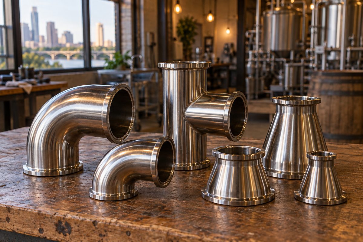 Stainless sanitary elbows, tees and reducers on a counter
