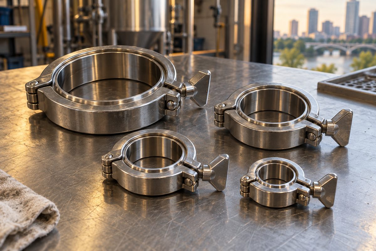 Stainless tri-clamp ferrules and hinged clamps in four sizes