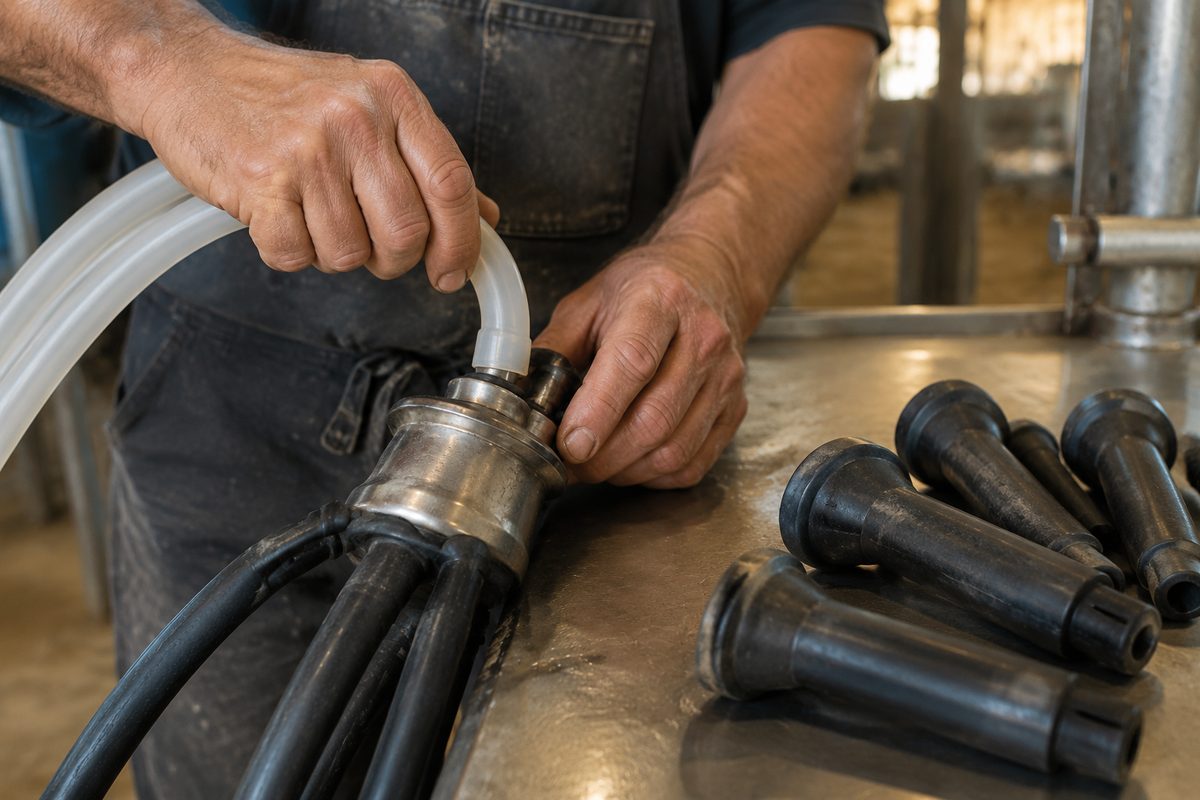 Hands fitting a milk tube onto a stainless milking claw
