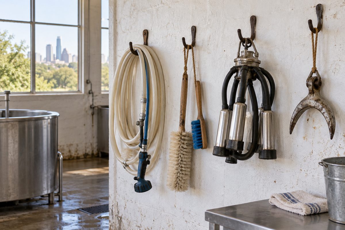 Milk room wall of hooks holding hoses and brushes