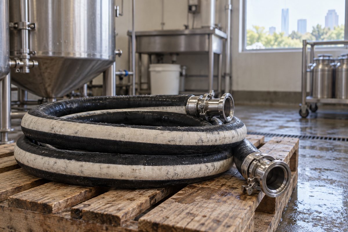 Milk discharge hose assembly with stainless tri-clamp ends