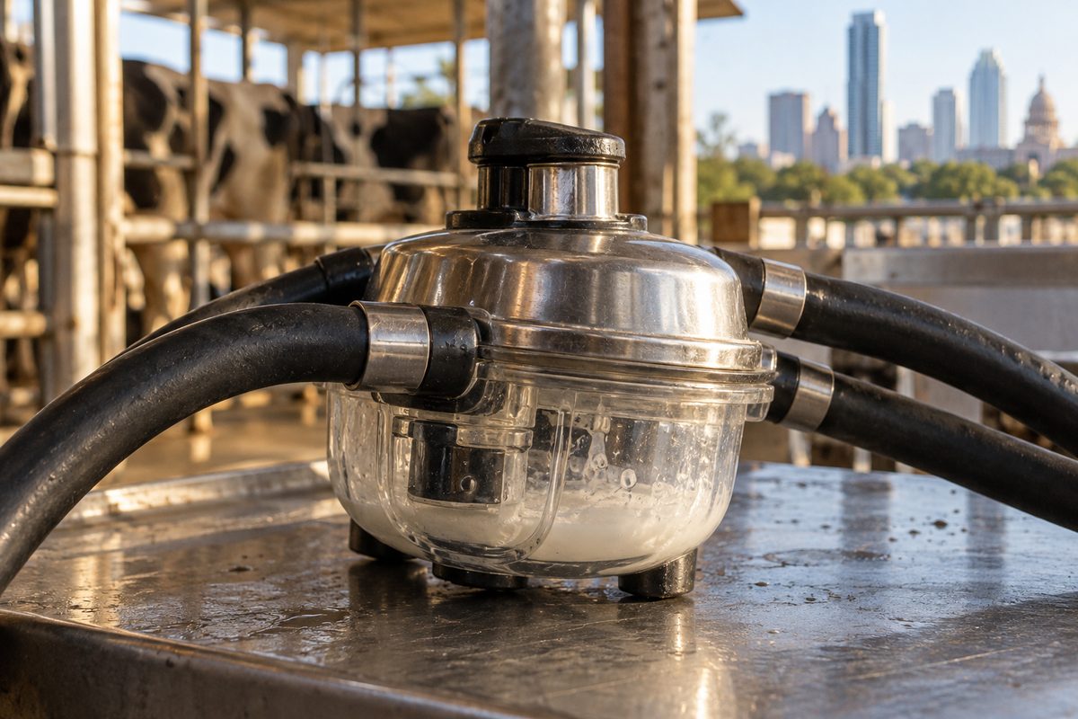 Milking claw with a clear bowl on a steel bench