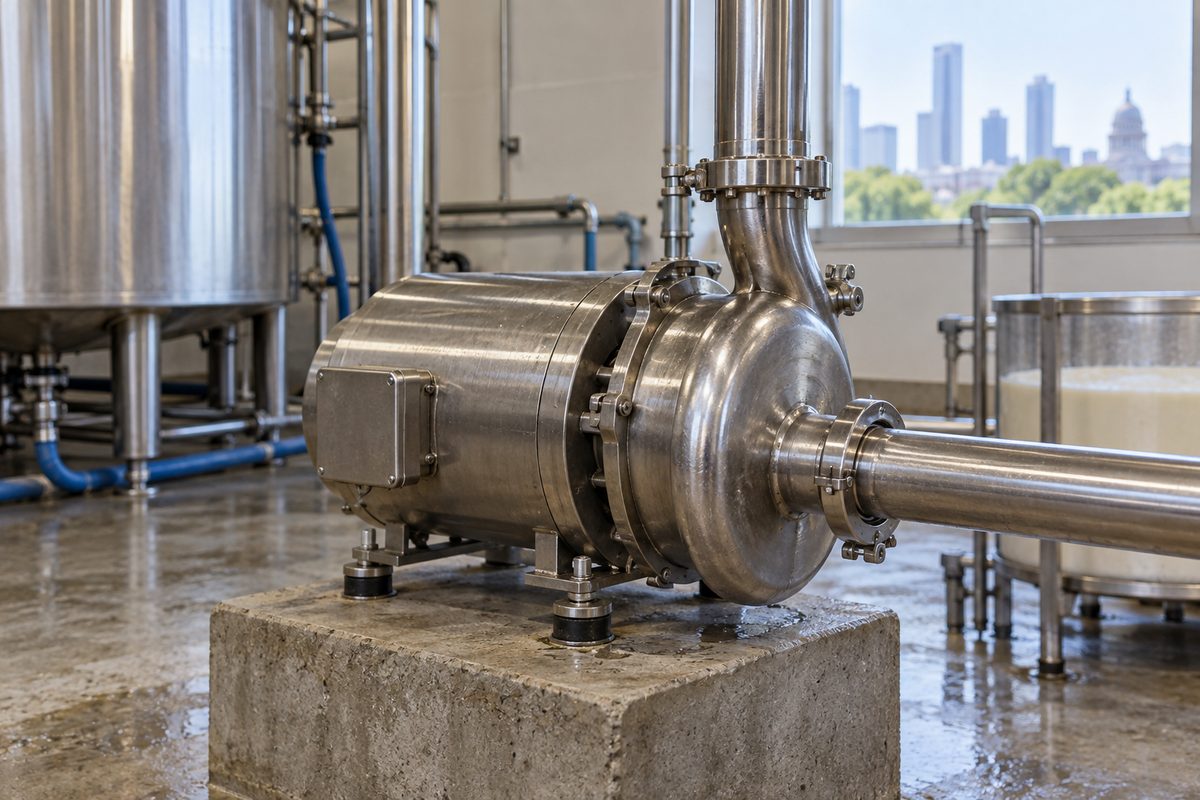 Stainless centrifugal milk transfer pump on a plinth