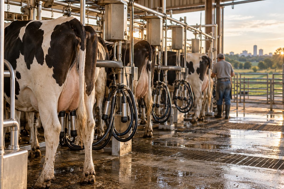 Holstein cows standing quietly in a herringbone milking parlour
