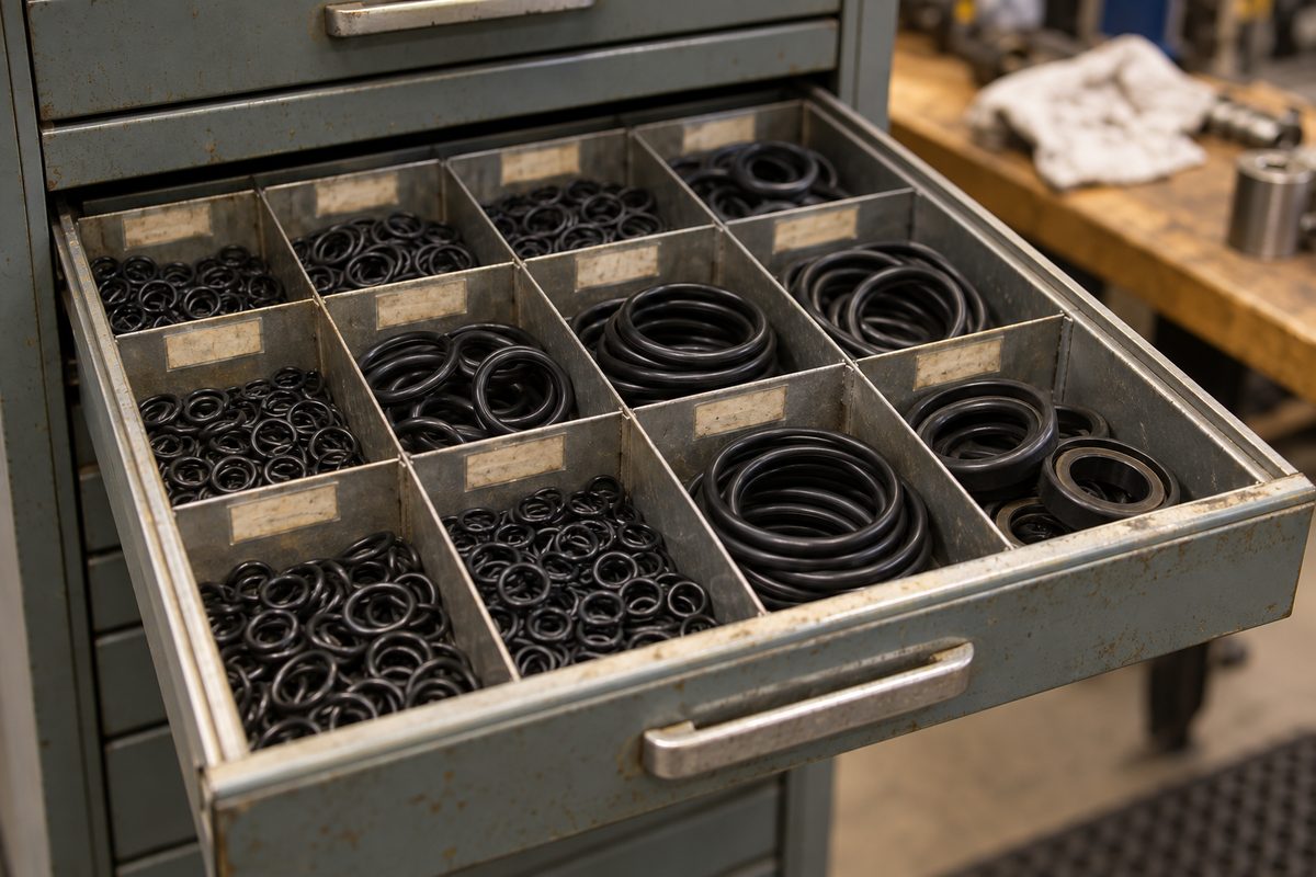 Parts drawer divided into compartments of o-rings and seals