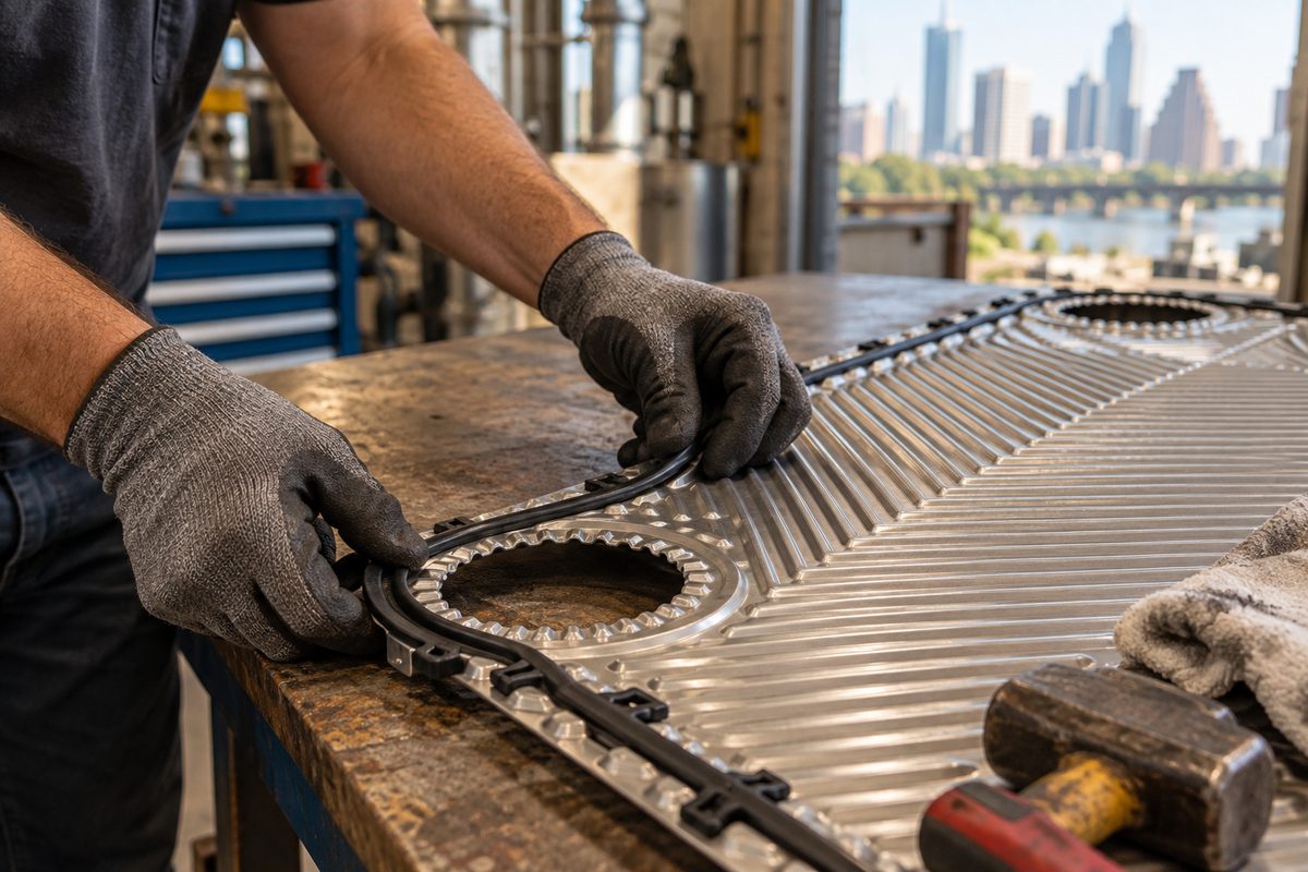 Gloved hands fitting a gasket to a heat exchanger plate