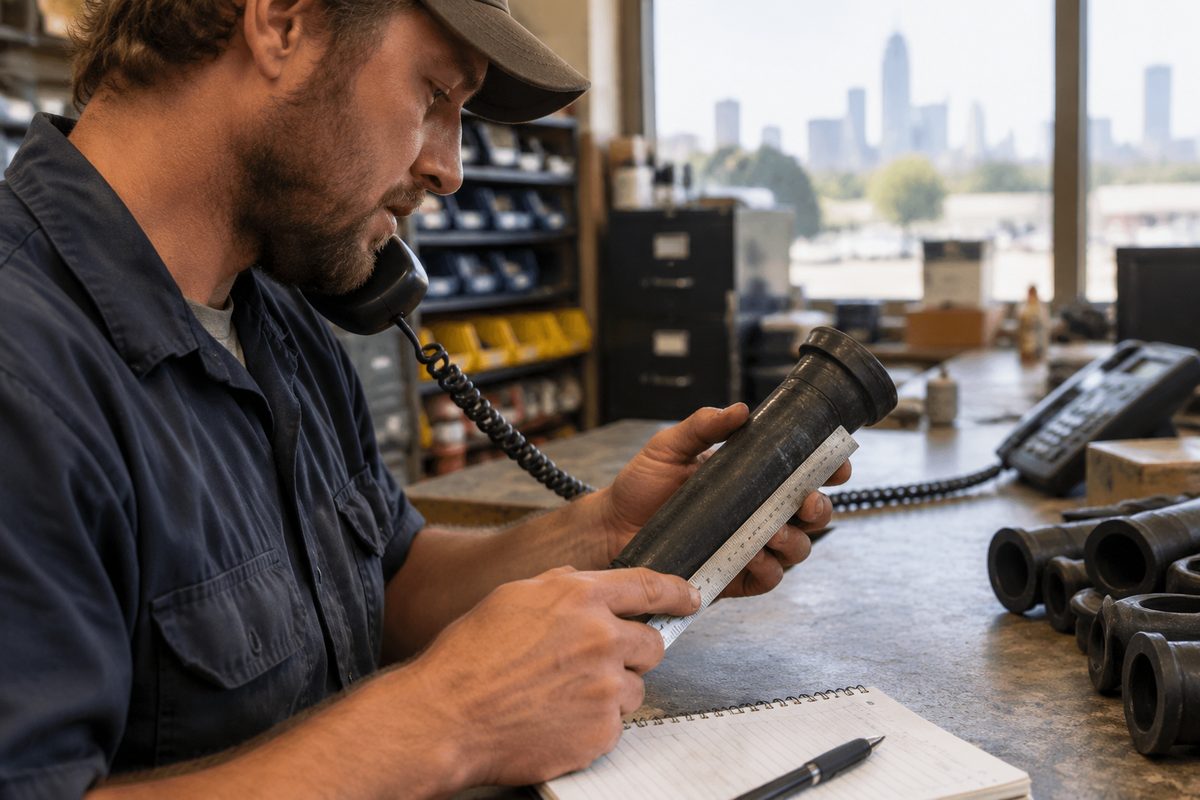 Parts desk worker on the phone examining a worn liner against a ruler