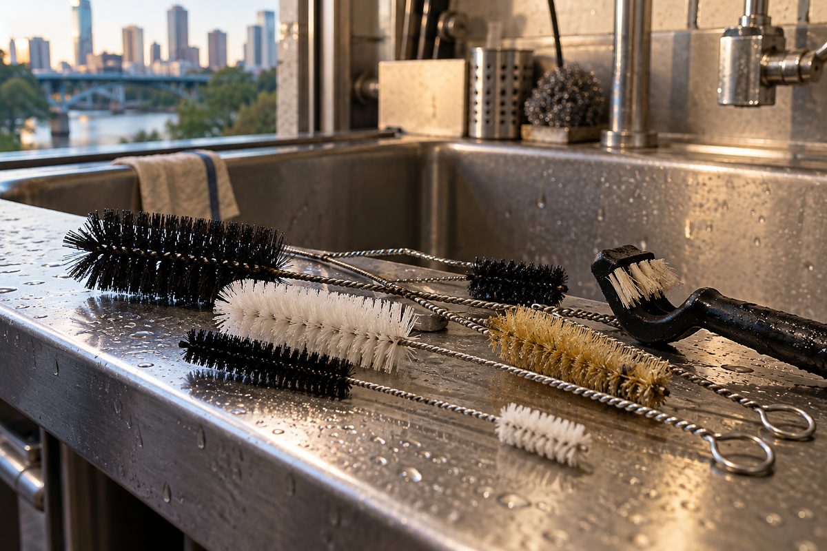 Nylon pipe and claw brushes on a stainless wash sink