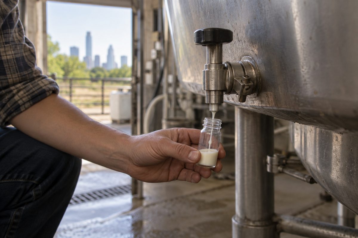 Hand drawing a milk sample from a stainless sample valve