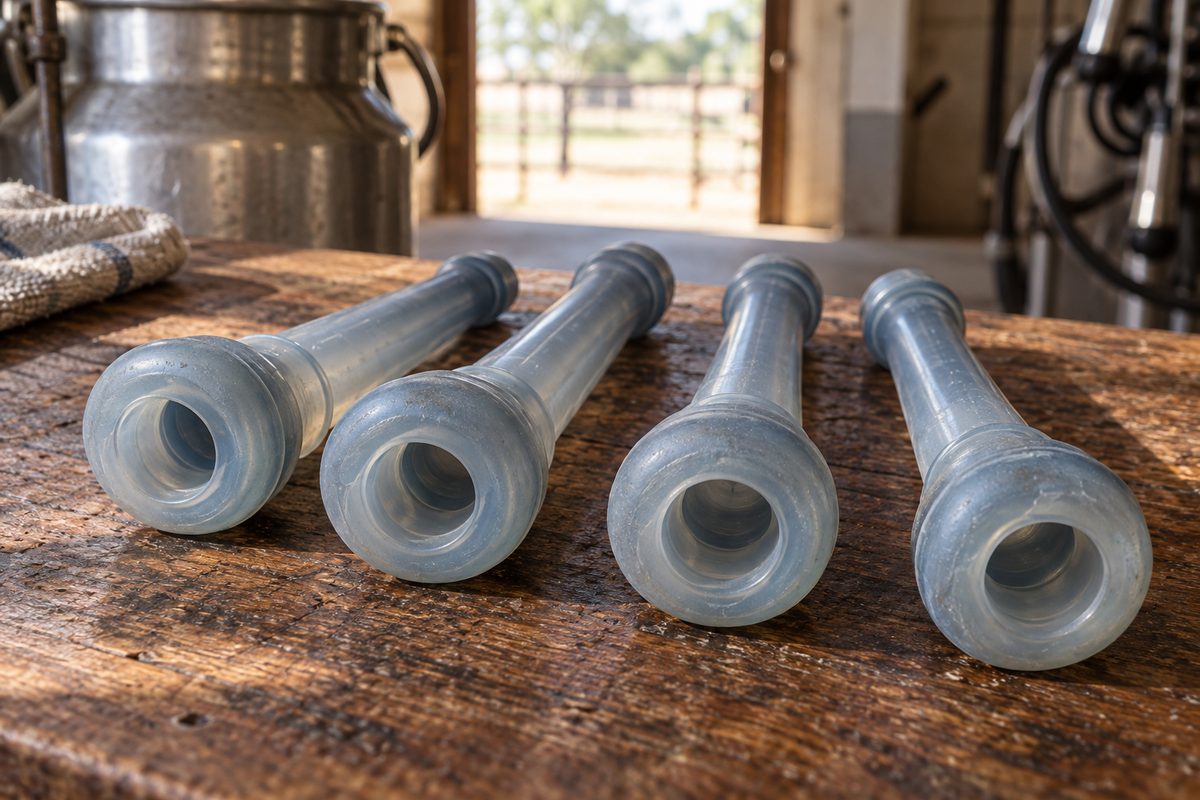Four silicone milking liners laid on a wooden counter
