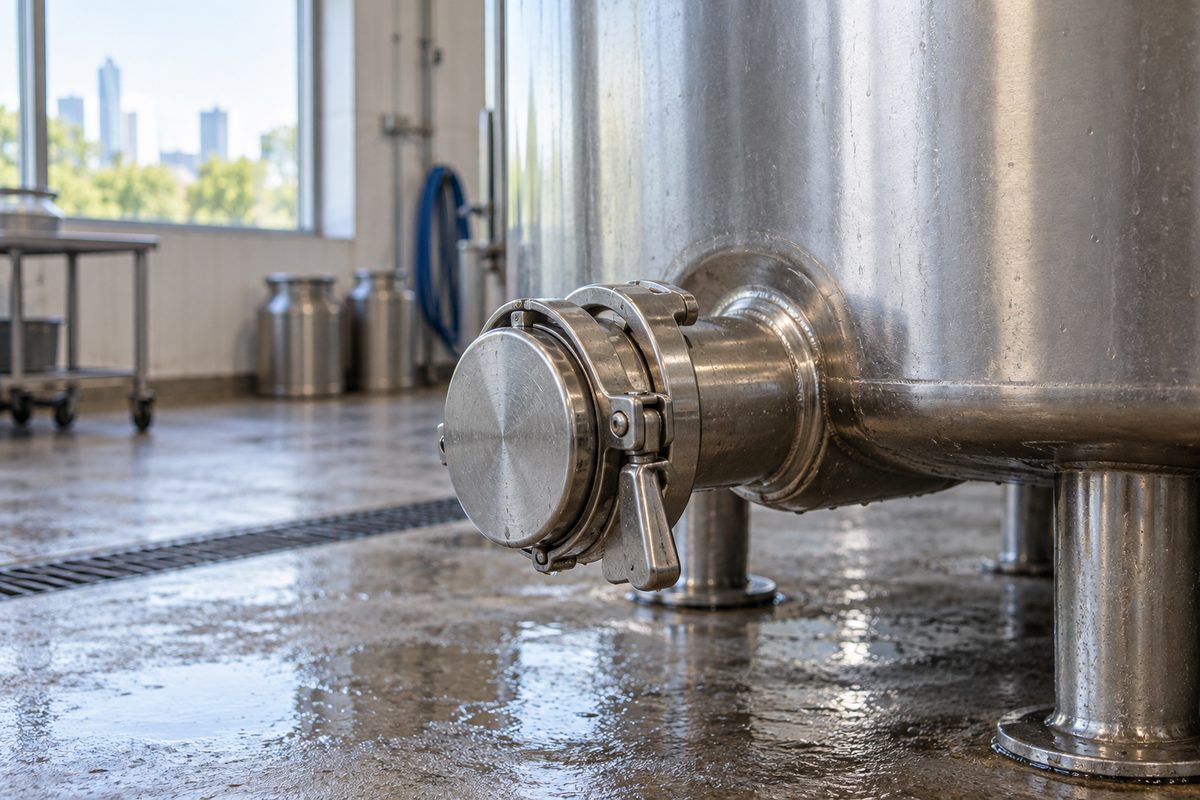 Stainless outlet valve at the base of a bulk milk tank