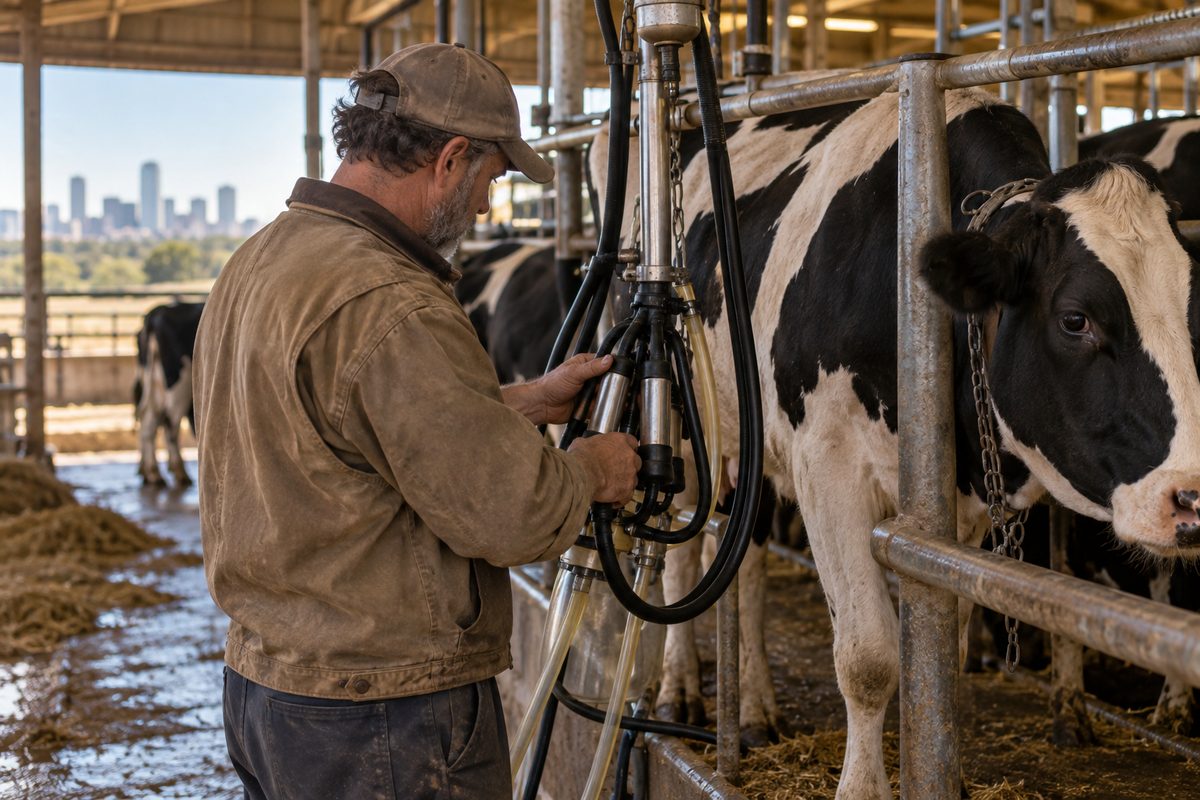 Technician checking a milking unit beside a calm cow