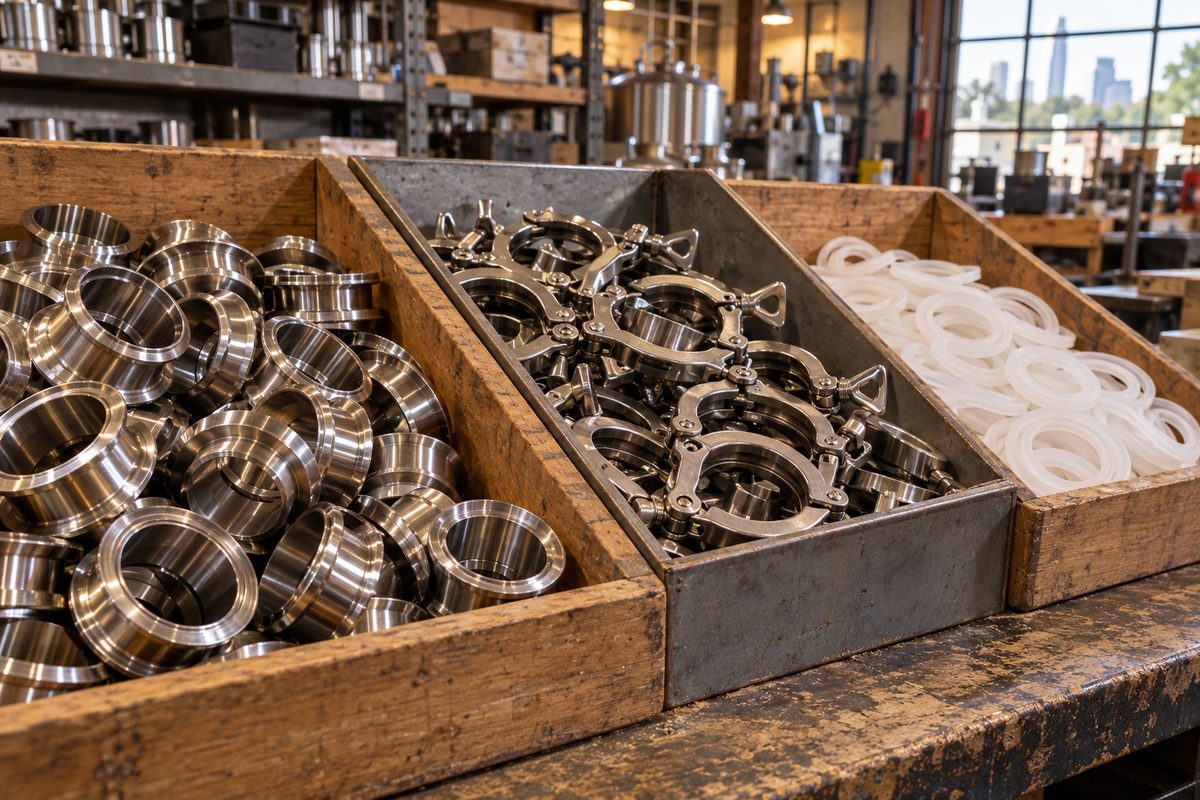 Parts bins of stainless tri-clamp ferrules, clamps and gaskets