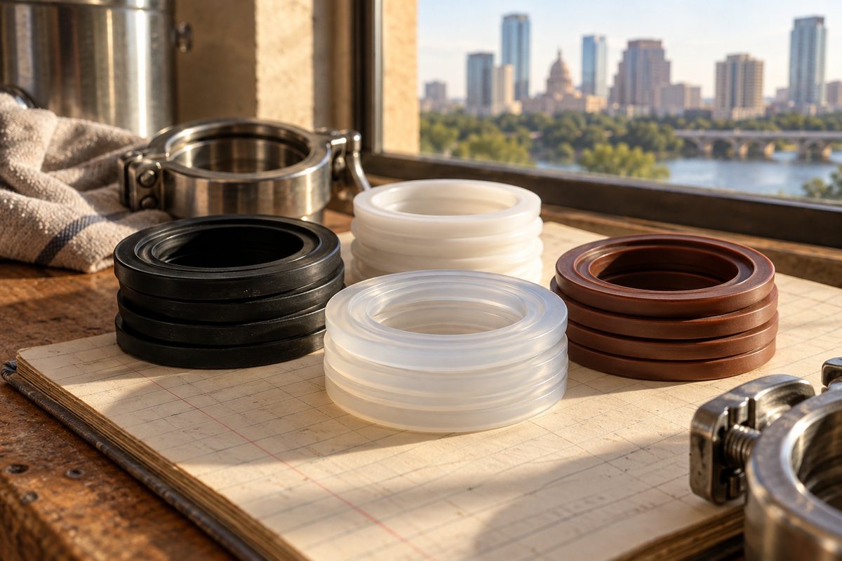 Stacks of tri-clamp gaskets in four materials